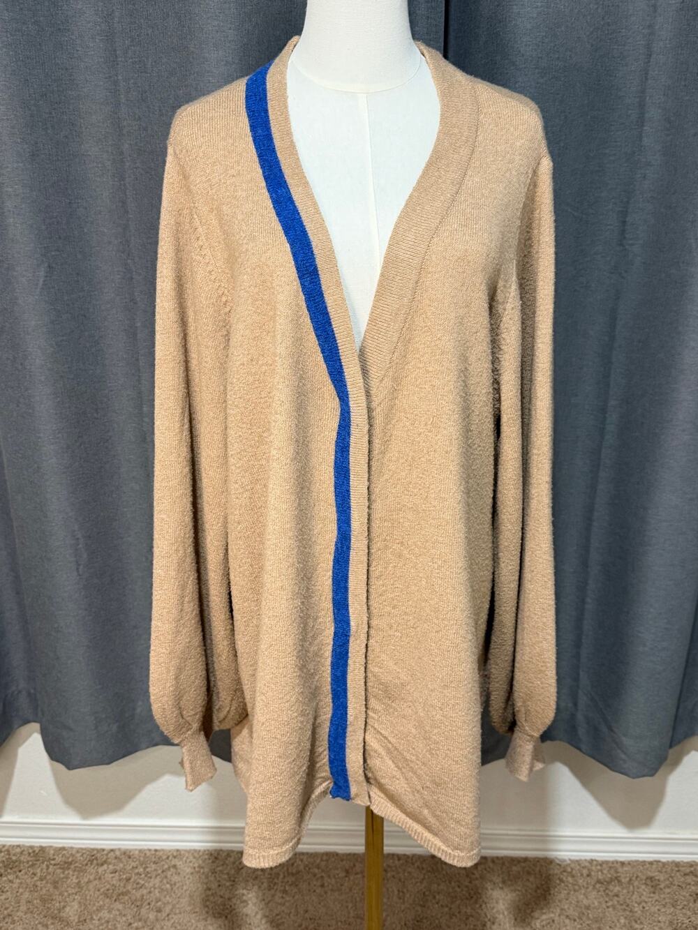 I.Scenery 1X Camel Cardigan Blue Trim Longline Sweater